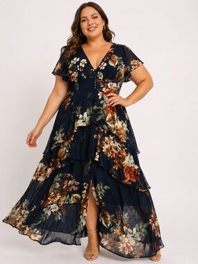 Lulus Navy Floral Tiered Midi Dress Size Large Flutter Sleeve Boho Romantic